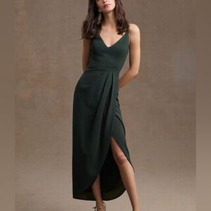 BHLDN Lyra V-Neck Faux-Wrap Crepe Midi Dress dark green anthropologie 2